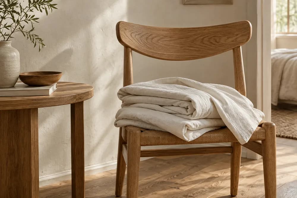 Illustrative linen sheets draped over an oak chair