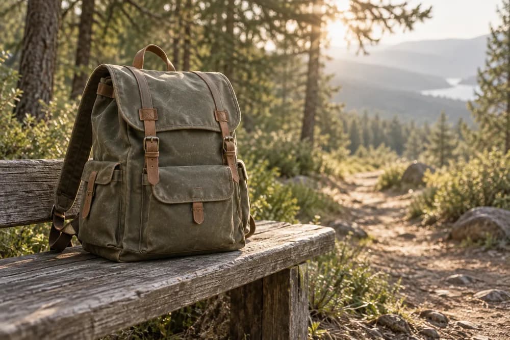 Illustrative canvas backpack resting on a wooden bench
